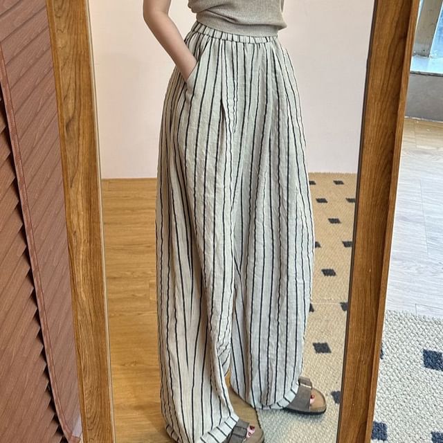 Waist Plain Striped Leg Wide Pants High