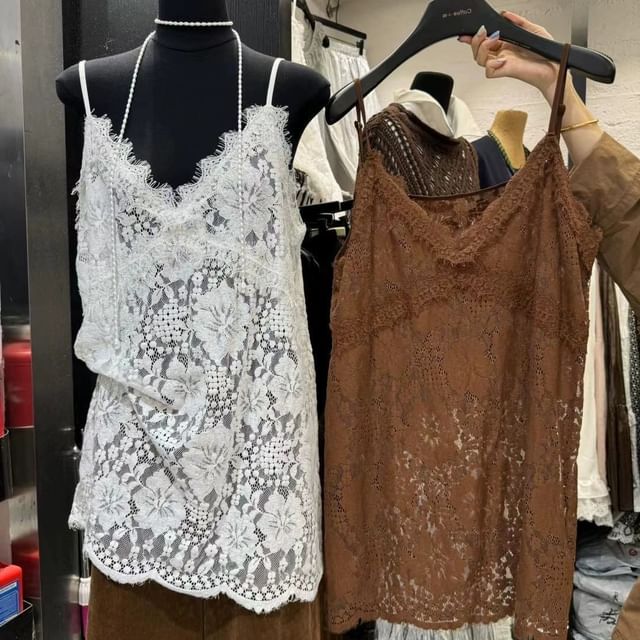 Cami Strap V-Neck Lace Top Spaghetti Plain