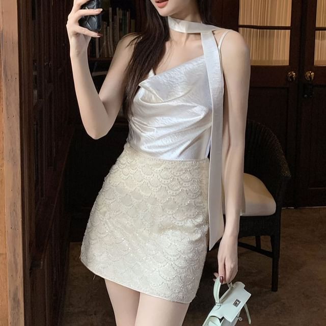 Neck Top Plain Strap Spaghetti Camisole Cowl