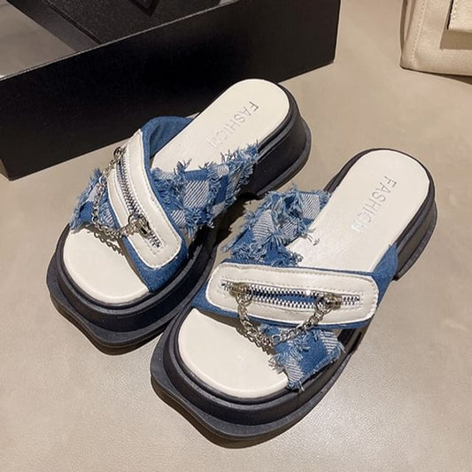 Chunky Sandals Cross Strap Detail Platform Chain Zipped Slide Heel