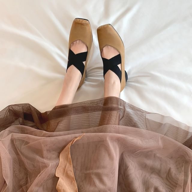 Square Strap Cross Heel Pumps Mary Toe Chunky Jane