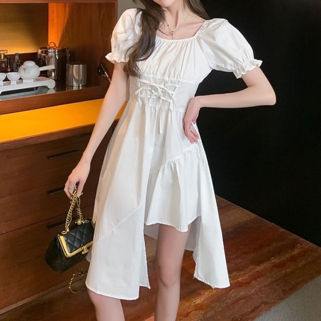 Neck Asymmetrical Short-Sleeve A-Line Plain Square Dress