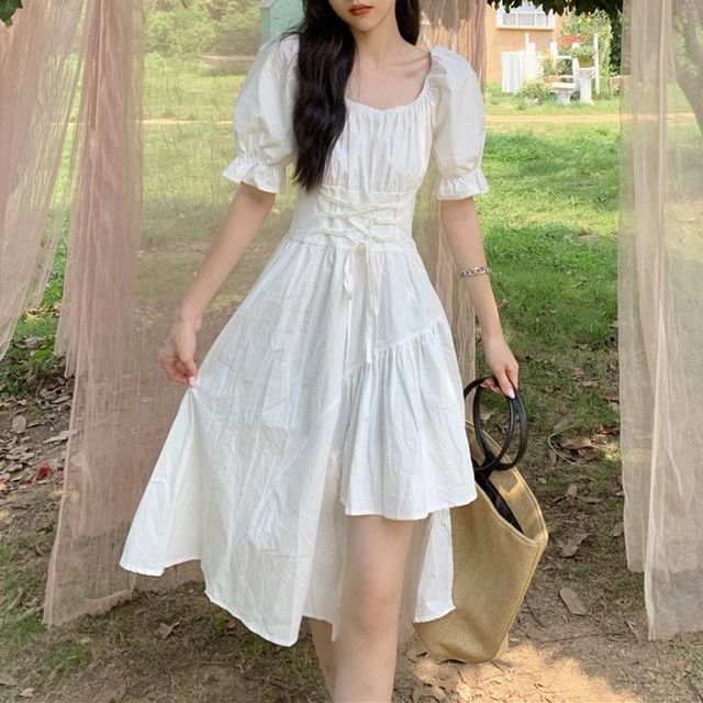 Neck Asymmetrical Short-Sleeve A-Line Plain Square Dress