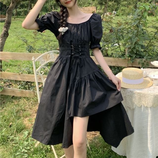 Neck Asymmetrical Short-Sleeve A-Line Plain Square Dress