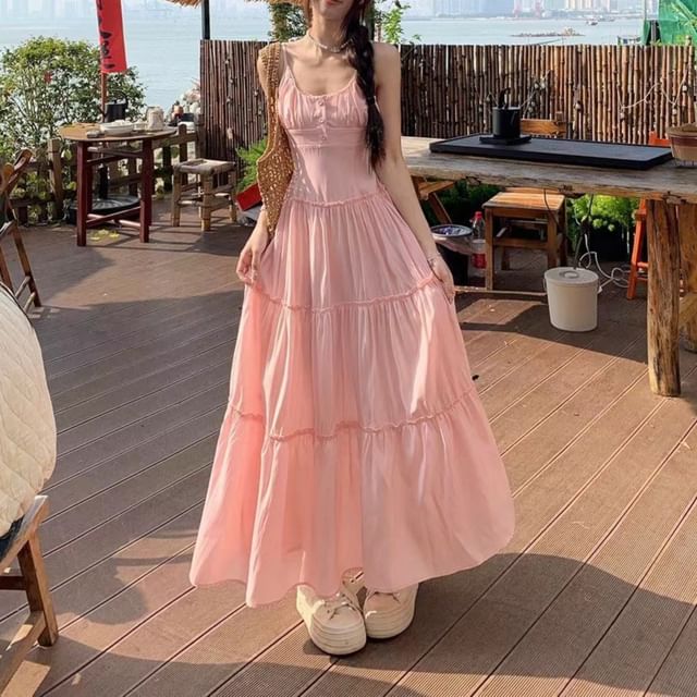 Spaghetti A-Line Plain Scoop Maxi Dress Strap Neck