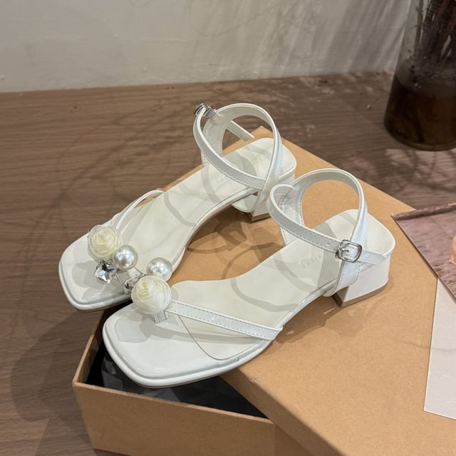 Block Flower Sandals Heel Faux Pearl