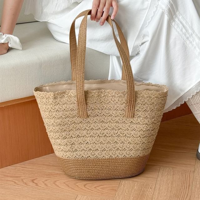 Straw Bag Tote Panel Lace