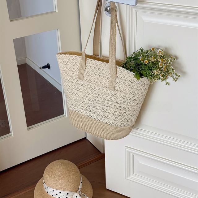 Straw Bag Tote Panel Lace