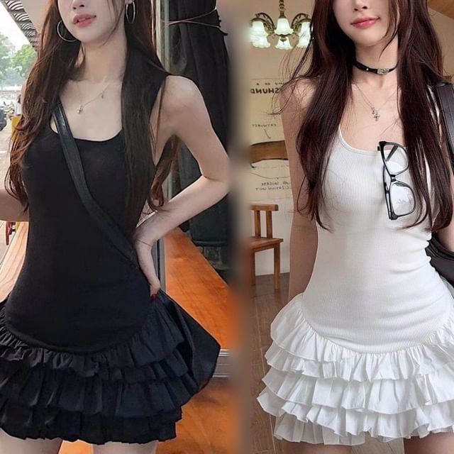 Mini Sleeveless Plain Dress Tiered