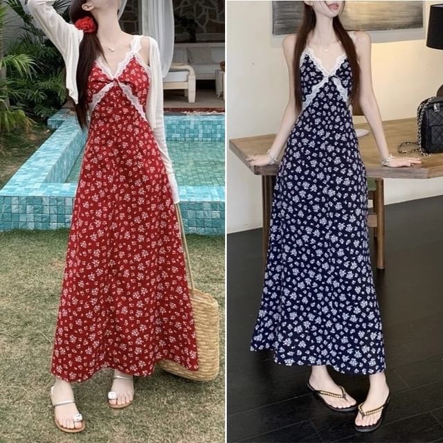 Maxi Cardigan A-Line Sleeveless Print Floral / V-Neck Dress