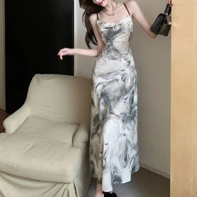 A-Line Print Strap Dress Spaghetti Maxi