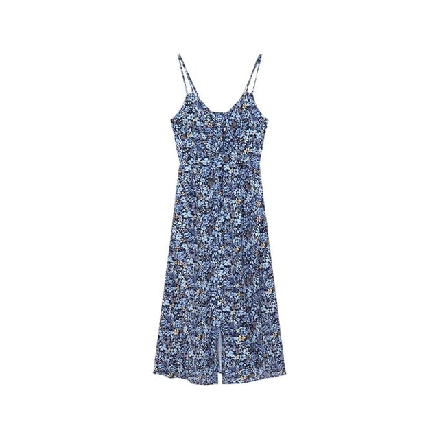 A-Line Print Dress Midi Sleeveless Floral V-Neck