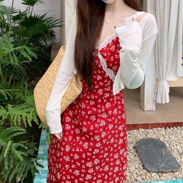 Maxi Cardigan A-Line Sleeveless Print Floral / V-Neck Dress