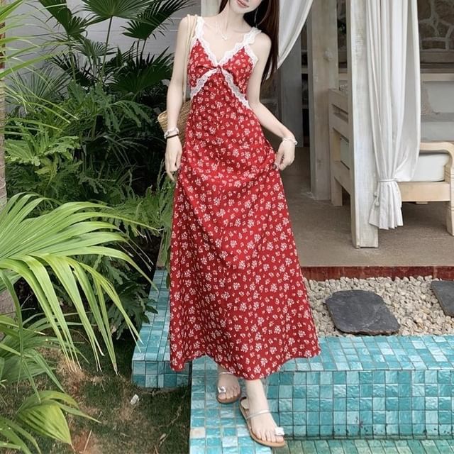 Maxi Cardigan A-Line Sleeveless Print Floral / V-Neck Dress