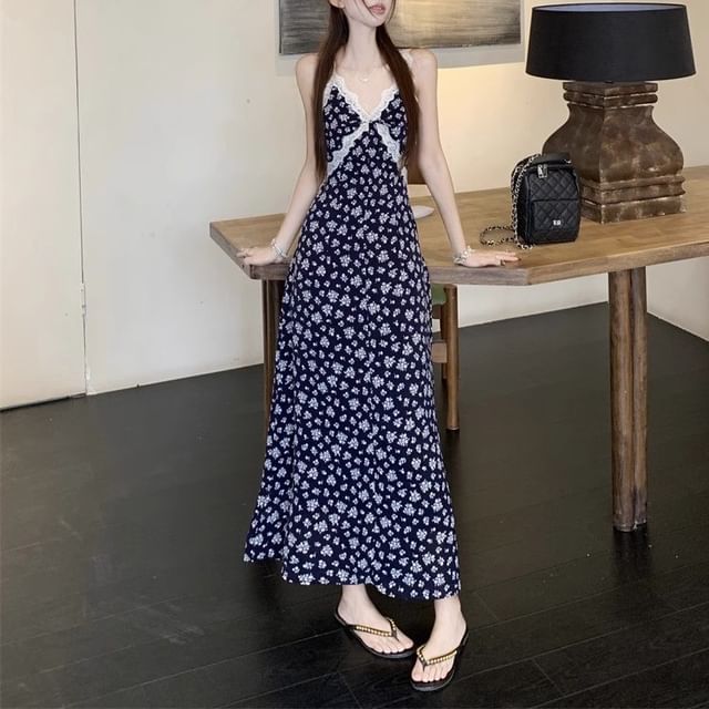 Maxi Cardigan A-Line Sleeveless Print Floral / V-Neck Dress