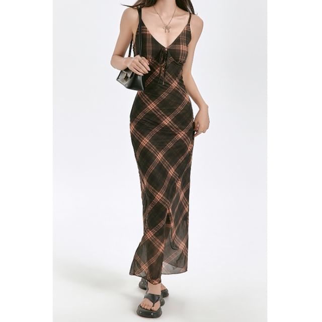 Plaid Sheath V-Neck Dress Strap Spaghetti Maxi
