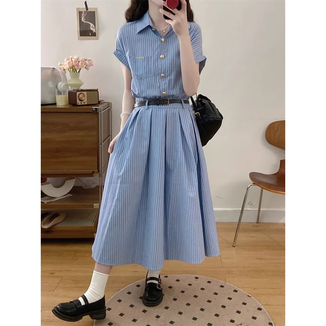 Dress Shirt A-Line Short-Sleeve Maxi Striped