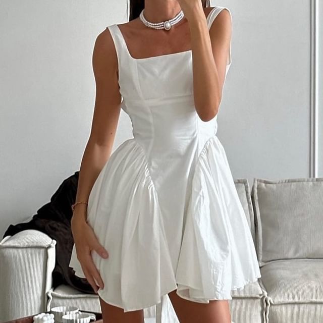 Neck A-Line Tie Mini Waist Back Open Sleeveless Plain Square Dress