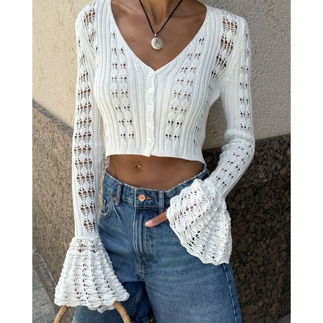 Perforated Crop Flared-Cuff Plain V-Neck Cardigan Button-Up
