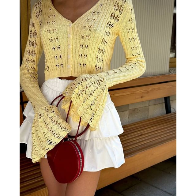 Perforated Crop Flared-Cuff Plain V-Neck Cardigan Button-Up