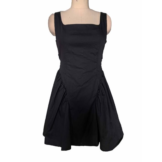 Neck A-Line Tie Mini Waist Back Open Sleeveless Plain Square Dress