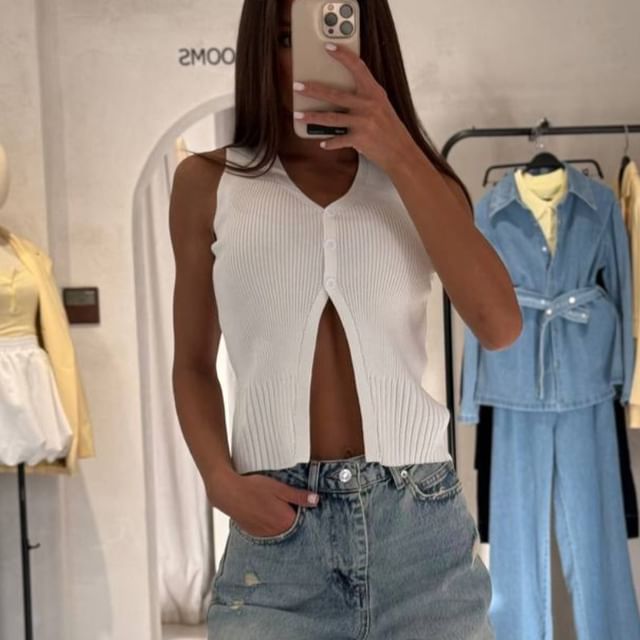 Button-Up Plain Vest V-Neck Crop Slit Sweater