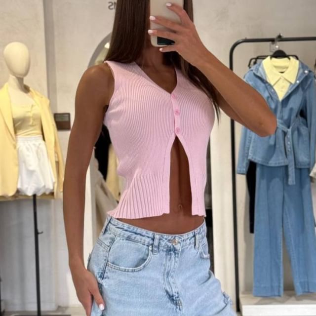 Button-Up Plain Vest V-Neck Crop Slit Sweater