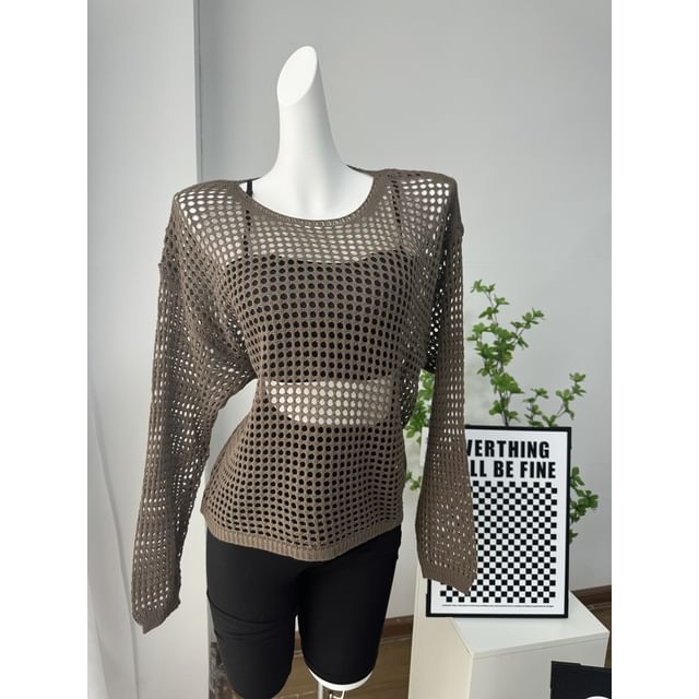 Top Perforated Knit Neck Round Plain Long-Sleeve