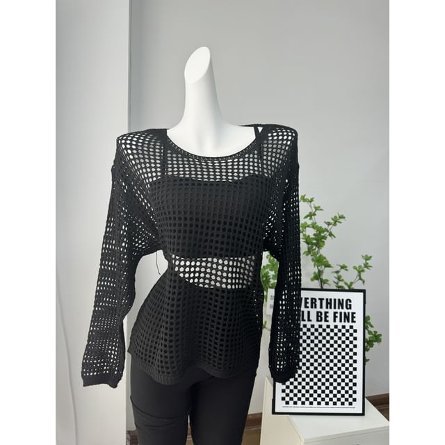 Top Perforated Knit Neck Round Plain Long-Sleeve