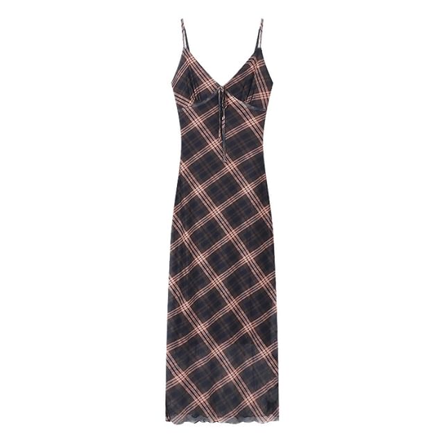 V-Neck Sleeveless Plaid Print Maxi Dress