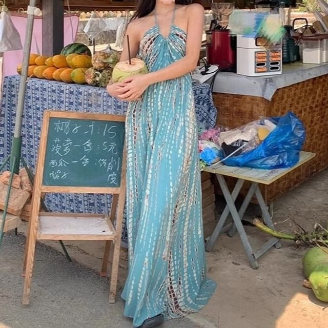 Printed Halter Maxi Dress Neck Sleeveless
