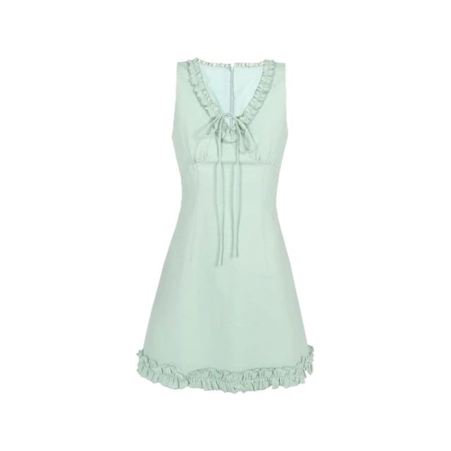 Sleeveless Mini Trim Ruffle V-neck Dress