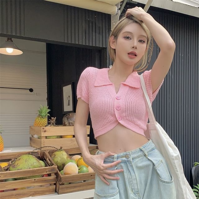 Knit Short-Sleeve Collared Crop Top Plain