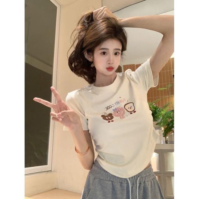 Embroidered Crop Short-Sleeve Crewneck T-Shirt