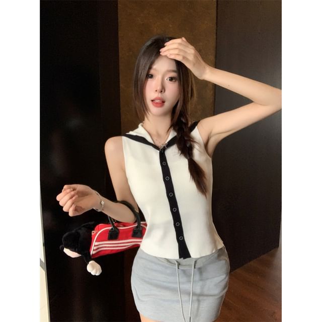 Button-Up Knit Sleeveless Sailor Top Collar