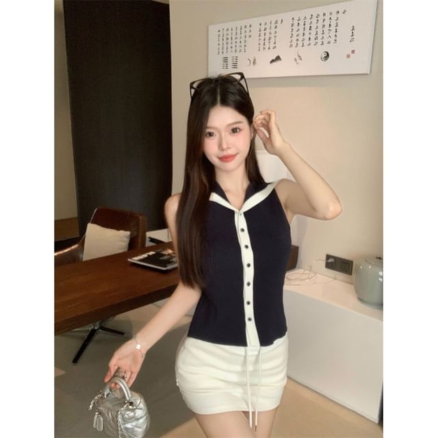 Button-Up Knit Sleeveless Sailor Top Collar