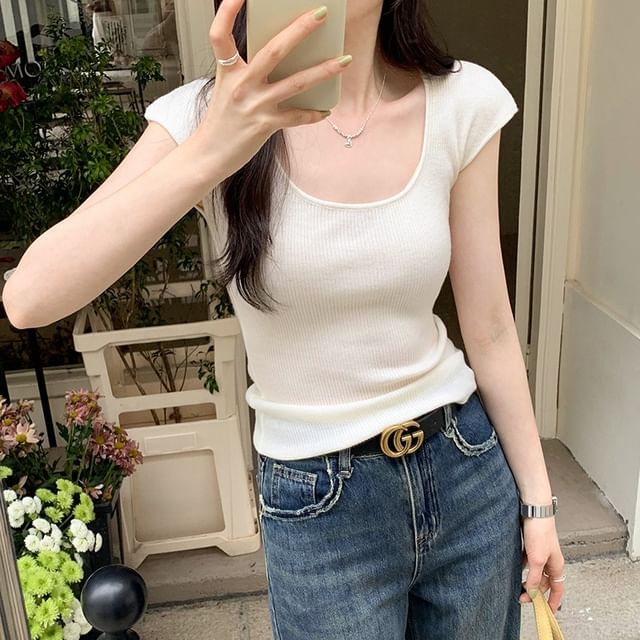 Neck Scoop Plain Top Knit Cap-Sleeve