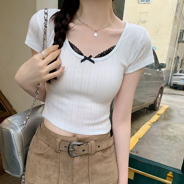 Neck Top Crop Scoop Lace Sleeve Short Trim