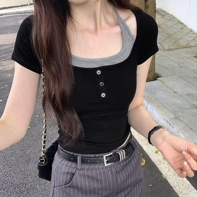 Short-Sleeve Two-Piece Top Two Mock Tone