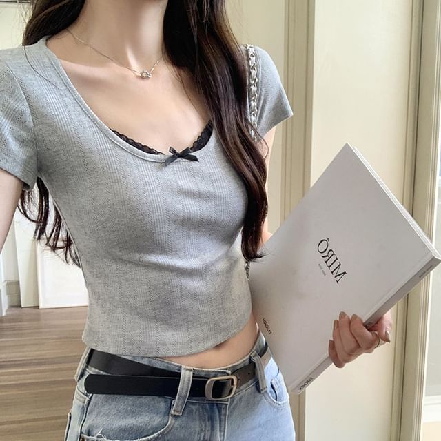 Neck Top Crop Scoop Lace Sleeve Short Trim