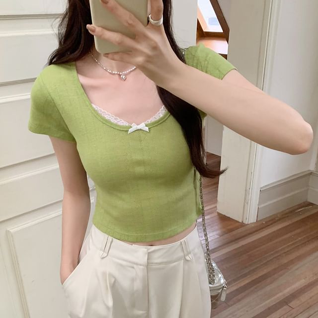 Neck Top Crop Scoop Lace Sleeve Short Trim