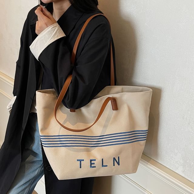 Striped Canvas Embroidered Bag Lettering Tote