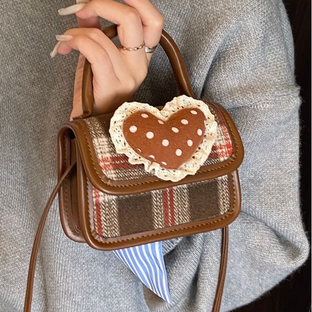 Plaid Heart Applique Flap Handle Top Crossbody Bag