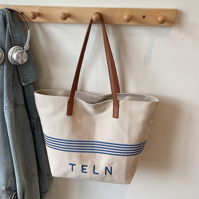 Striped Canvas Embroidered Bag Lettering Tote
