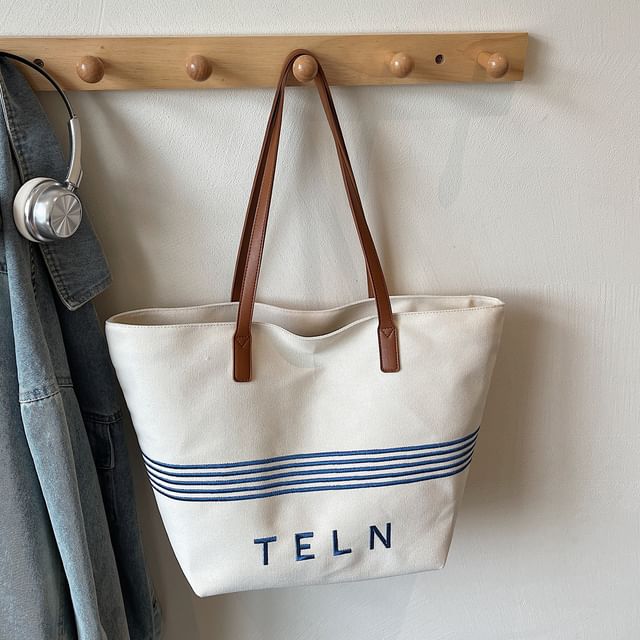 Striped Canvas Embroidered Bag Lettering Tote