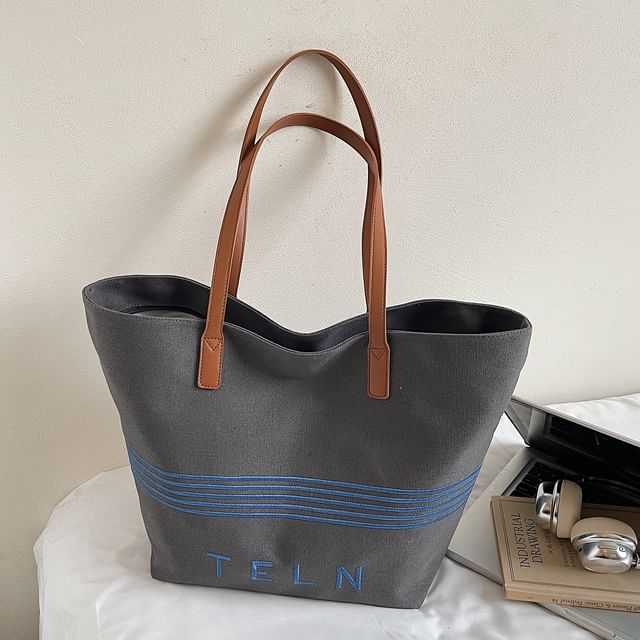 Striped Canvas Embroidered Bag Lettering Tote