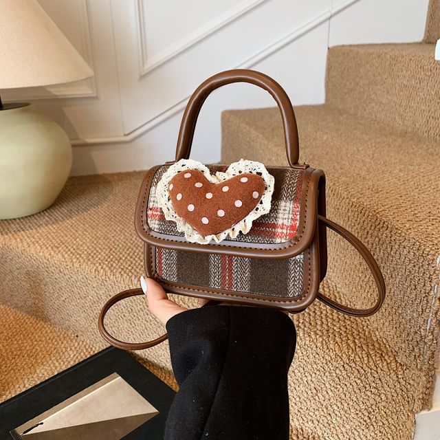 Plaid Heart Applique Flap Handle Top Crossbody Bag