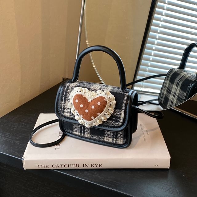 Plaid Heart Applique Flap Handle Top Crossbody Bag
