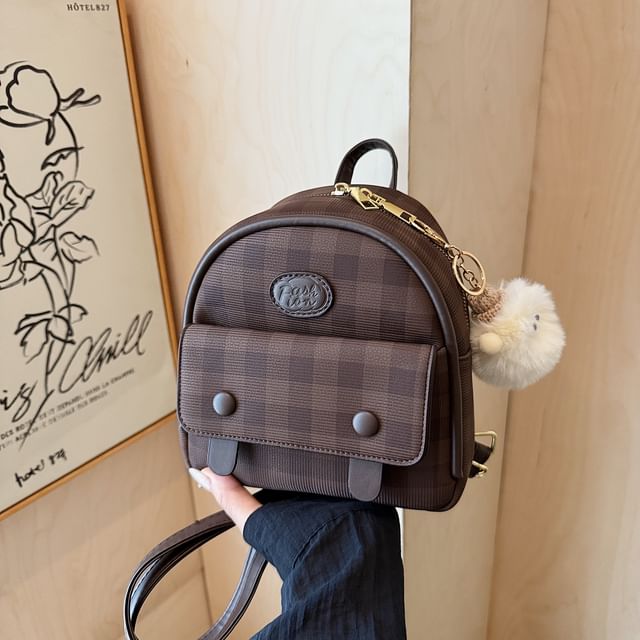 Backpack Plaid Faux Leather Flap
