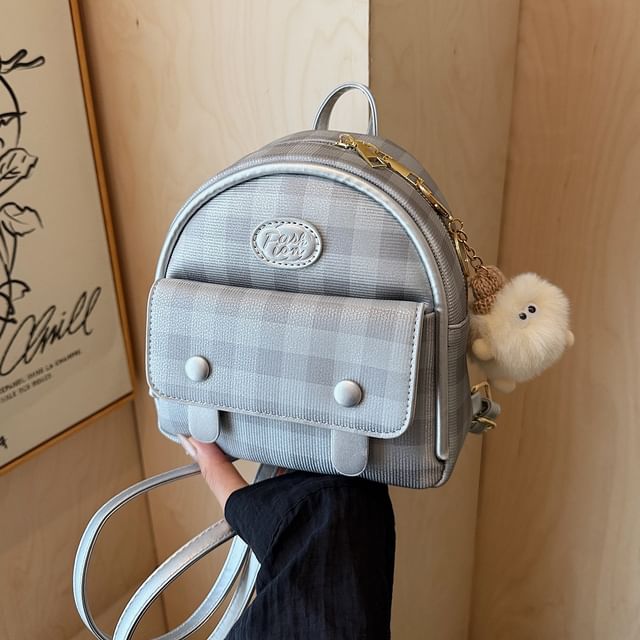 Backpack Plaid Faux Leather Flap